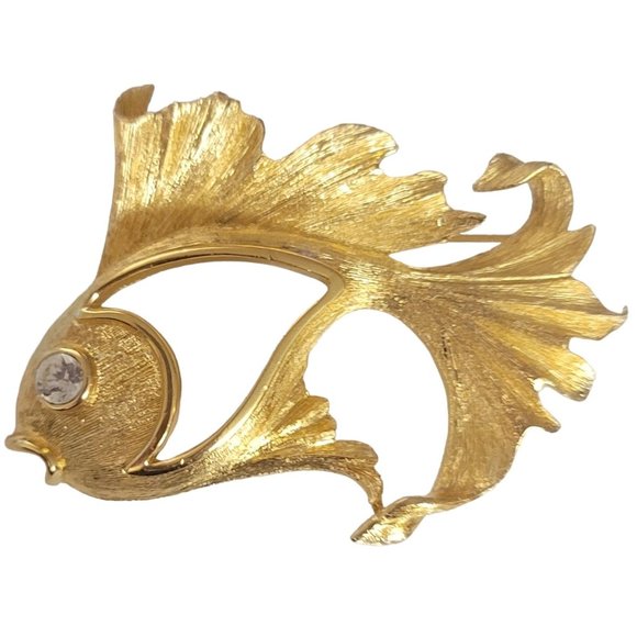 Christian Dior Gold Tone Open Angel Fish Clear Rhinestone Eye Brooch Pin, E60 - Picture 1 of 13